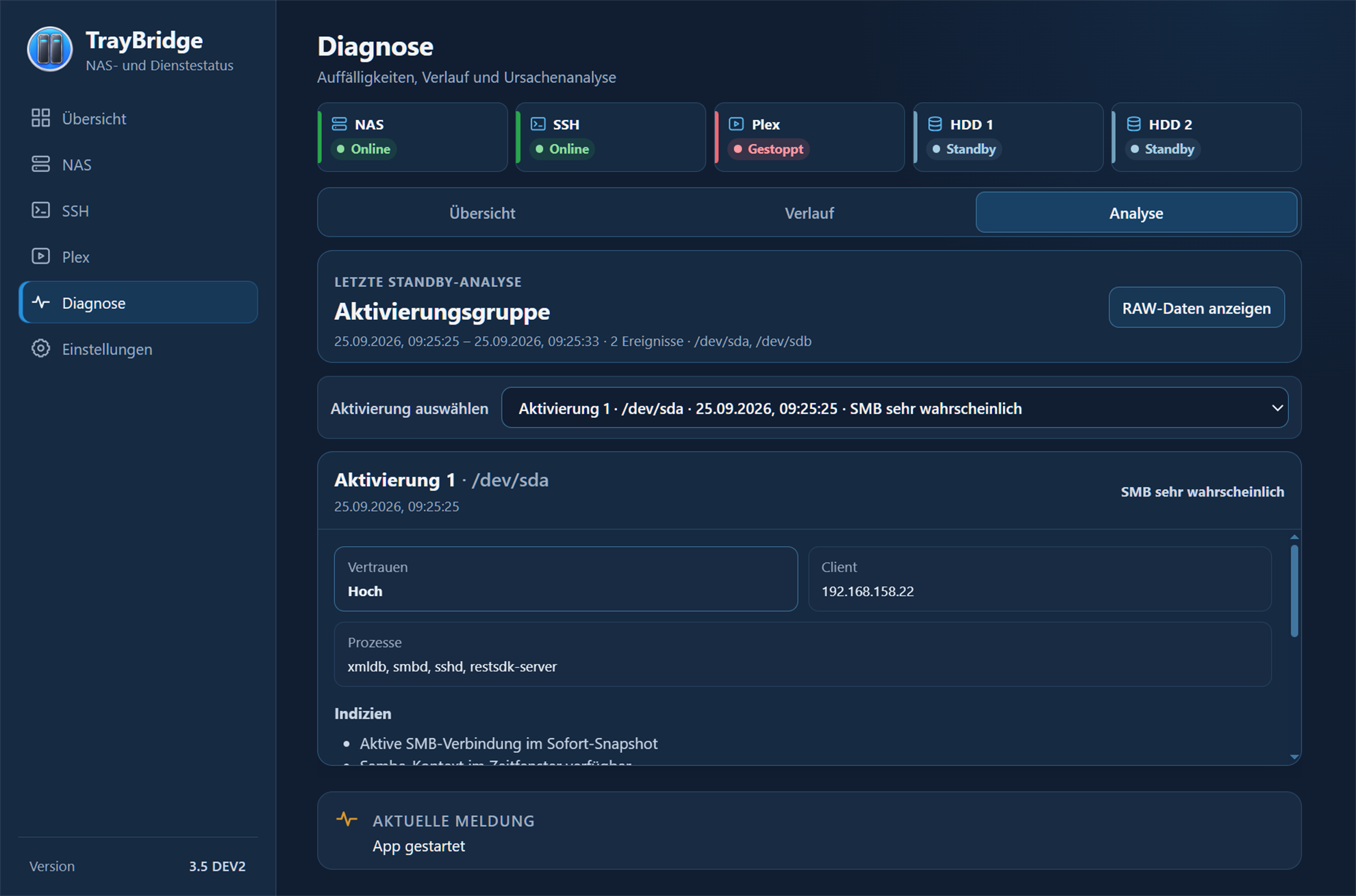 TrayBridge diagnostics analysis with activation group, processes and indicators