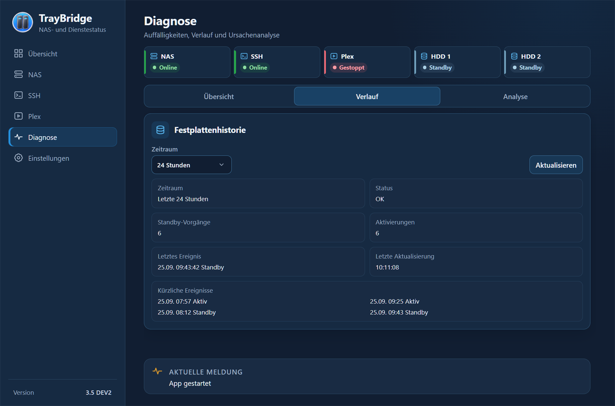 TrayBridge diagnostics history with drive history and standby events