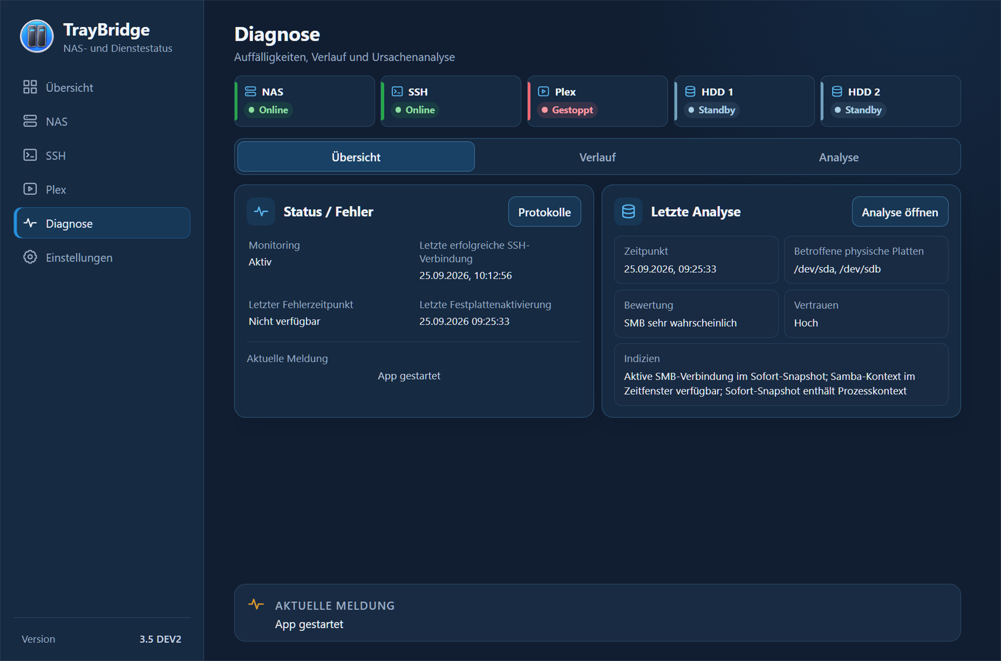 TrayBridge diagnostics overview with status, error data and latest analysis
