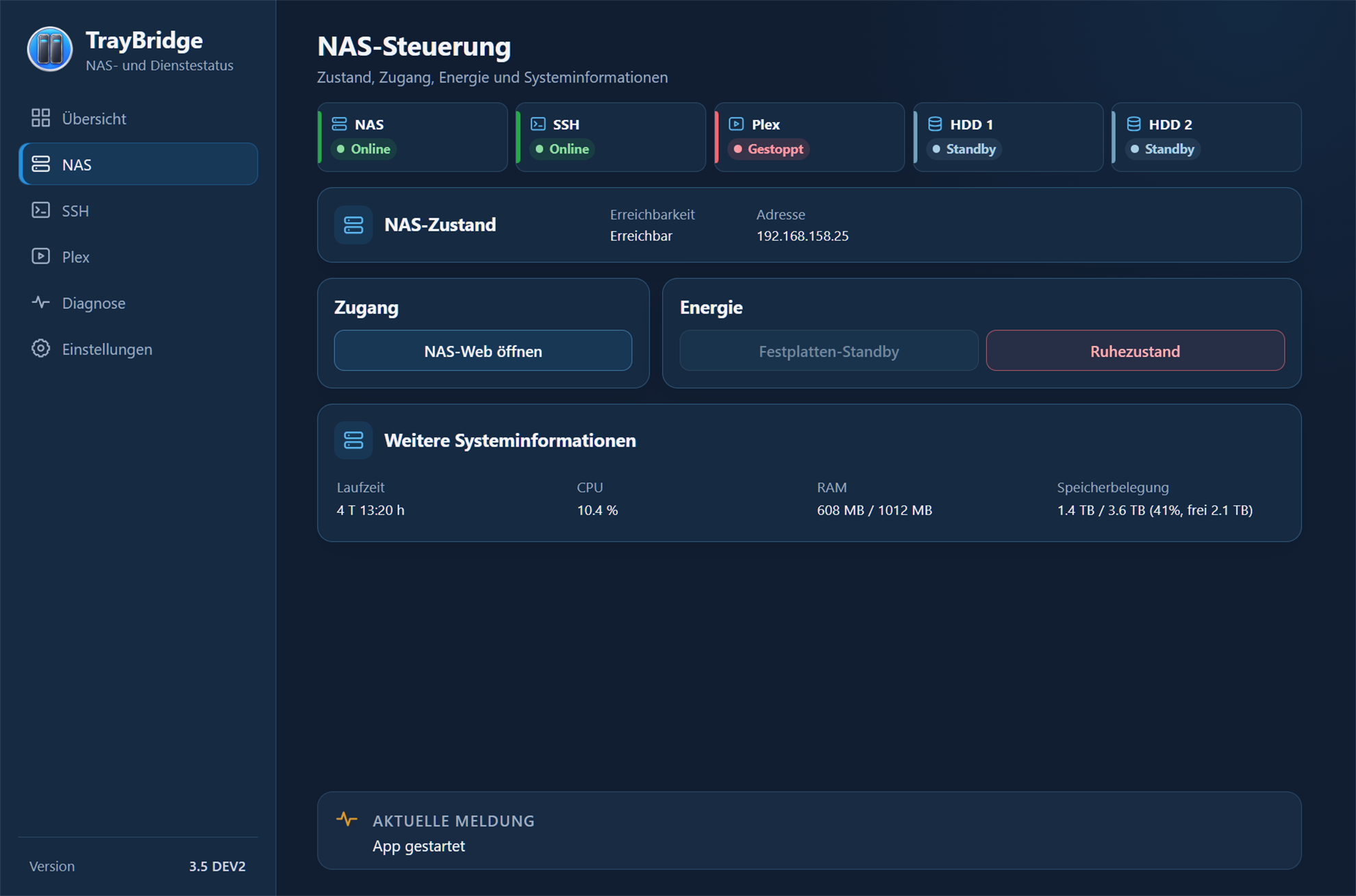 TrayBridge NAS control with NAS status, power actions and system information