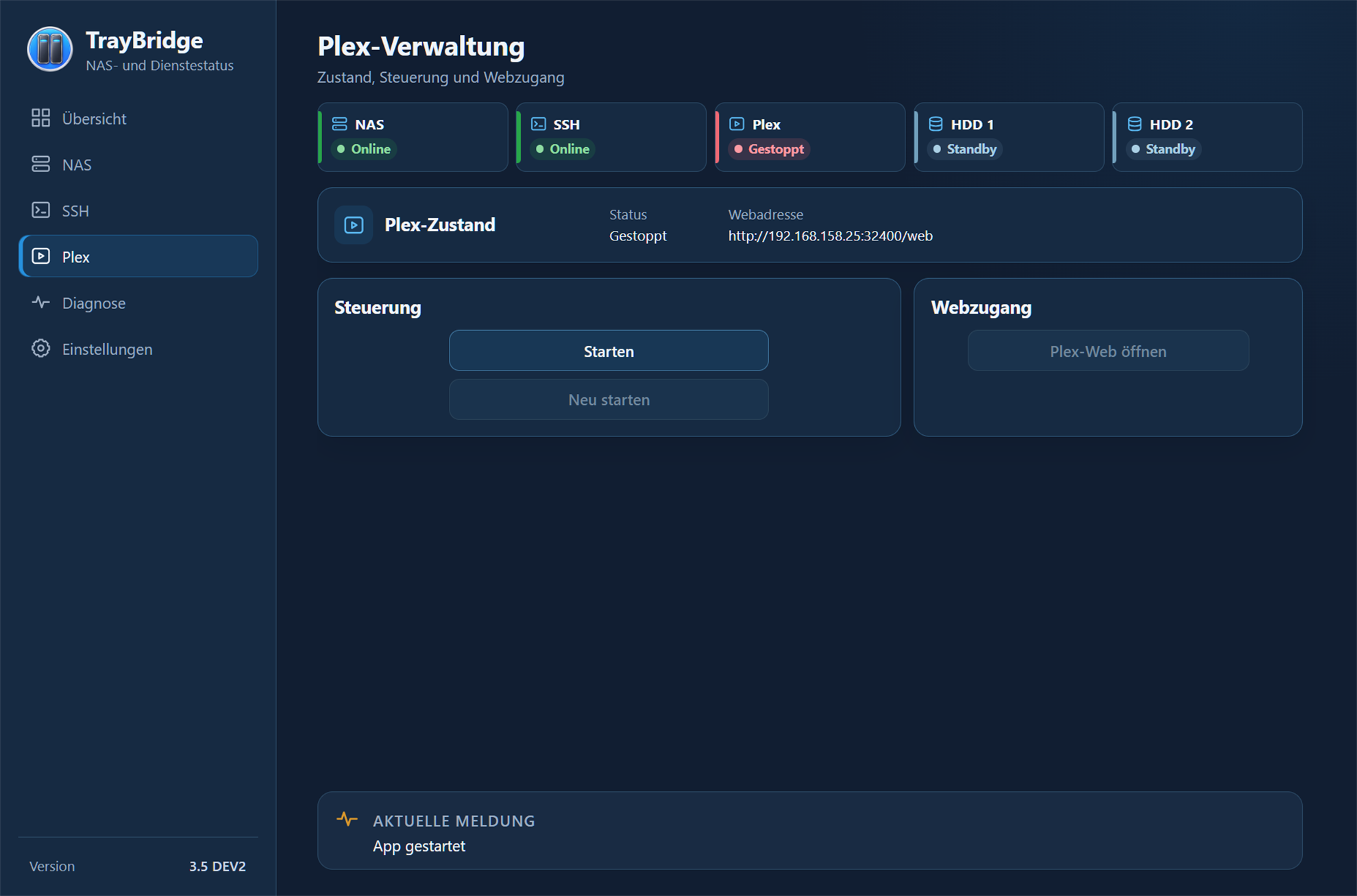 TrayBridge Plex management with Plex status and control actions