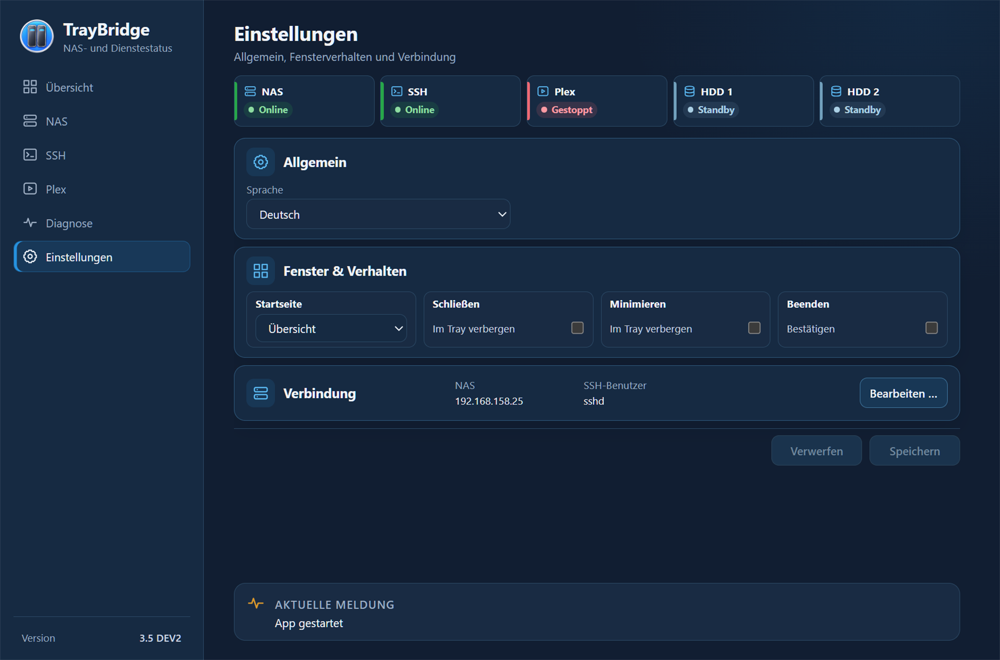 TrayBridge settings for language, window behaviour and connection