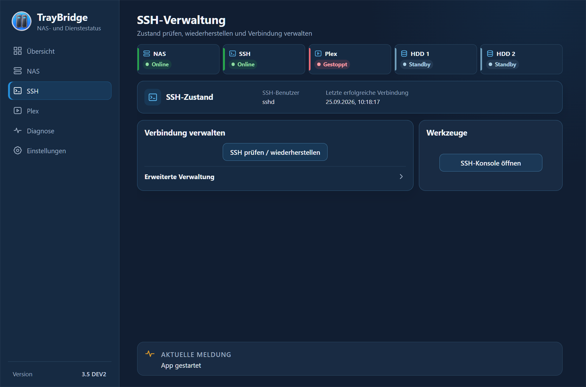 TrayBridge SSH management with connection status and SSH tools